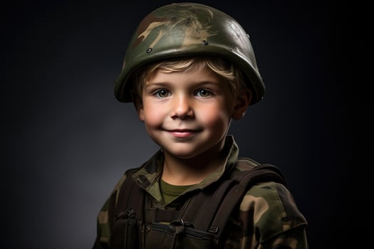 Portrait of a cute little boy in military uniform on dark background AI Generated photo