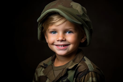 Portrait of a cute little boy in military uniform on dark background AI Generated photo