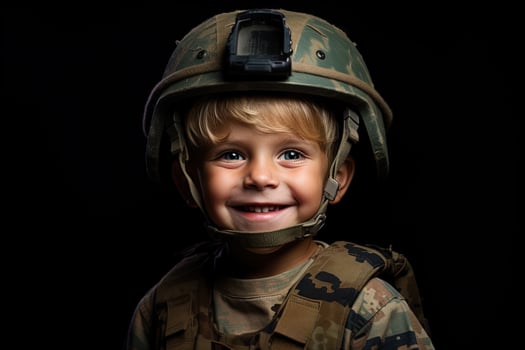 Portrait of a cute little boy in military uniform on dark background AI Generated photo