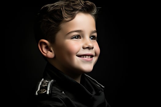 Portrait of a cute little boy in military uniform on dark background AI Generated photo