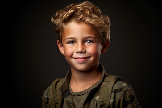 Portrait of a cute little boy in military uniform on dark background AI Generated photo