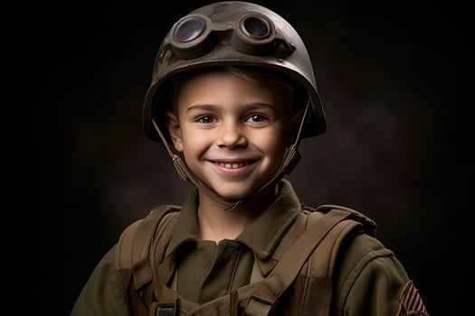 Portrait of a cute little boy in military uniform on dark background AI Generated photo