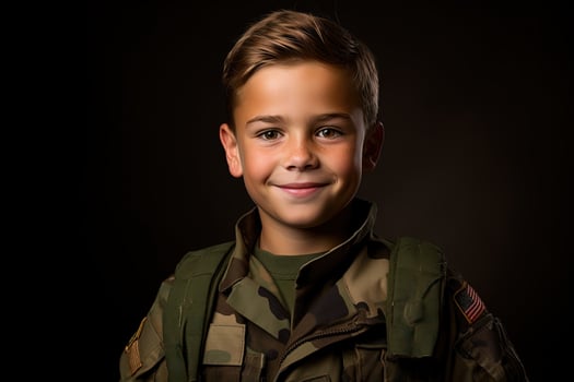 Portrait of a cute little boy in military uniform on dark background AI Generated photo