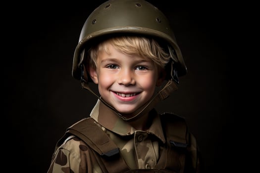 Portrait of a cute little boy in military uniform on dark background AI Generated photo