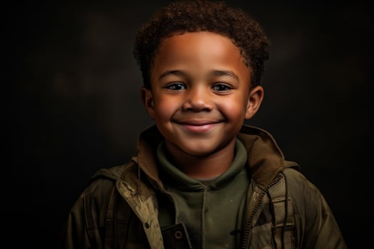Portrait of a cute little boy in military uniform on dark background AI Generated photo