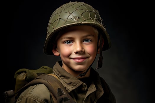 Portrait of a cute little boy in military uniform on dark background AI Generated photo
