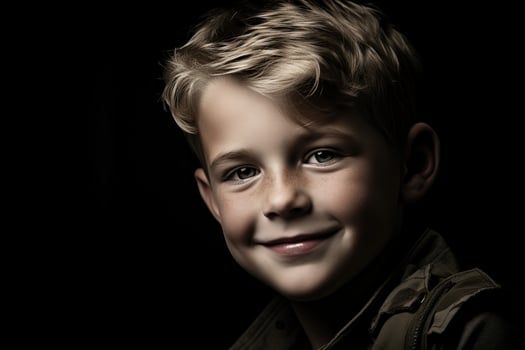 Portrait of a cute little boy in military uniform on dark background AI Generated photo