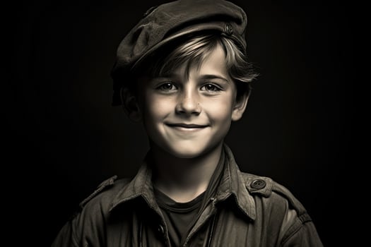 Portrait of a cute little boy in military uniform on dark background AI Generated photo