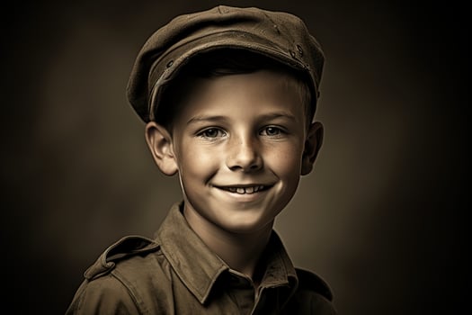Portrait of a cute little boy in military uniform on dark background AI Generated photo