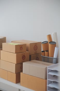 Business woman start up small business entrepreneur SME success .freelance woman working at home with Online Parcel delivery. SME and packaging deliveryconcept photo
