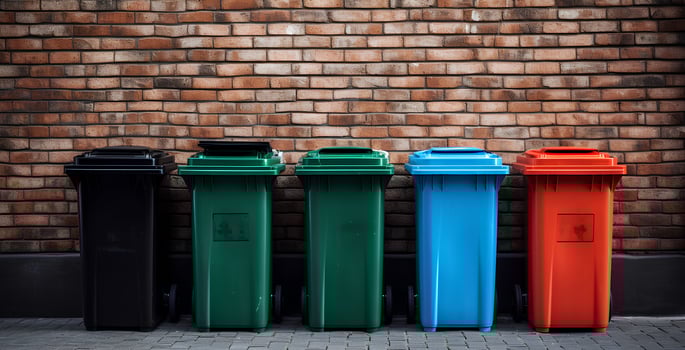colored garbage bins - green, black, blue, red sit against a brick wall, in the style of transportcore, plasticien photo
