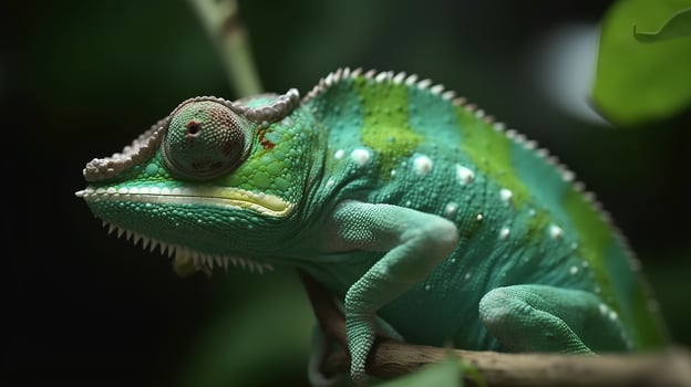 Green colored chameleon catching insect, slow motion, close up photo