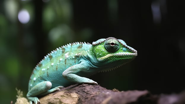 Green colored chameleon catching insect, slow motion, close up photo