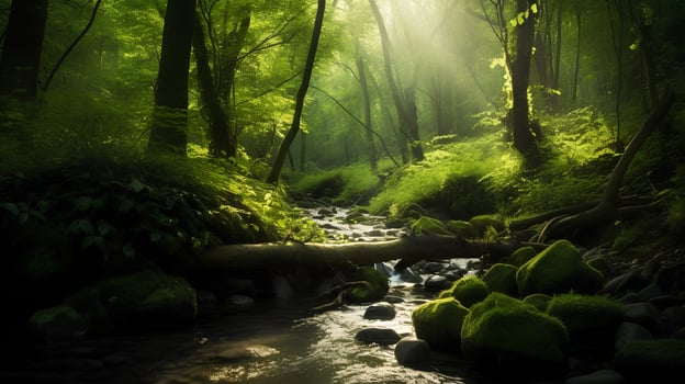 Green forest in sunlight with forest stream photo