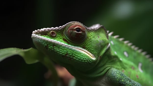 Green colored chameleon catching insect, slow motion, close up photo