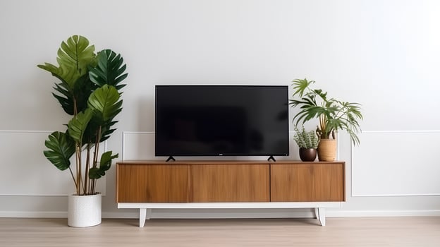 TV on the cabinet in modern living room with plant on white wall background photo