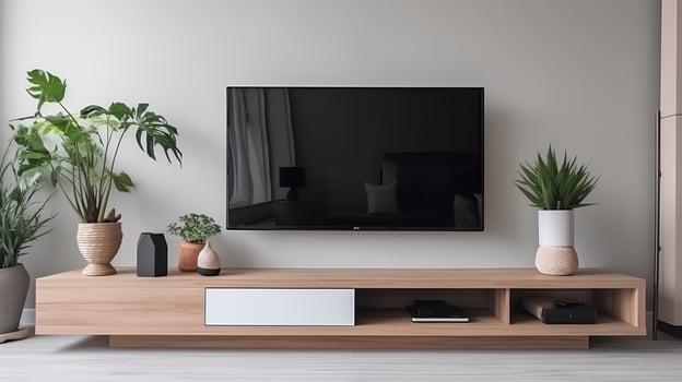 TV on the cabinet in modern living room with plant on white wall background photo