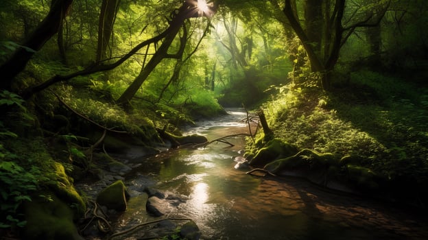 Green forest in sunlight with forest stream photo