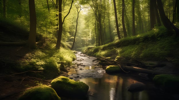 Green forest in sunlight with forest stream photo