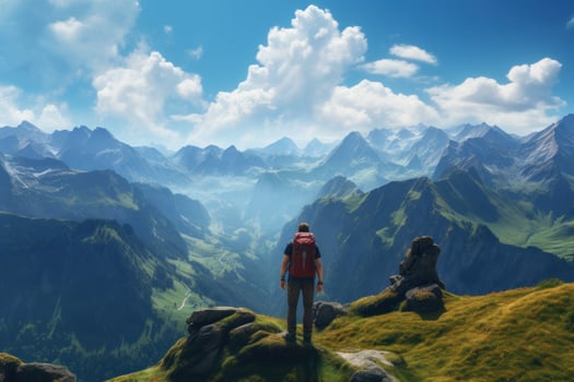 Young hiker with backpack in mountains photo