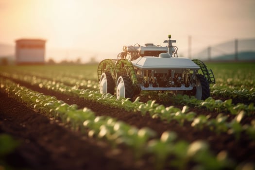 Tractor fertilizing a field. Future technology with agriculture farming concept. Generative AI photo