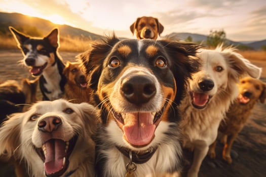 A group of dogs taking a selfie on a blurred background. Generative AI photo