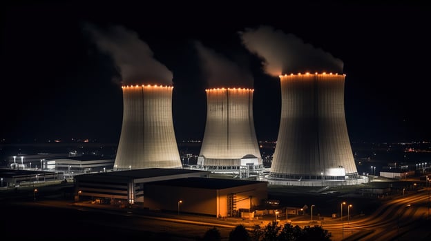 Night lights of nuclear power station, generative ai photo