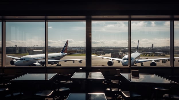 Airplane view from airport lounge in airport terminal, generative ai photo