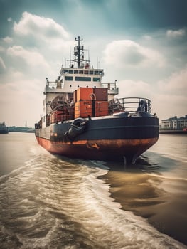 Tugboat push large cargo vessel to berth at port terminal. Port terminal operations and handling equipment, generative ai photo