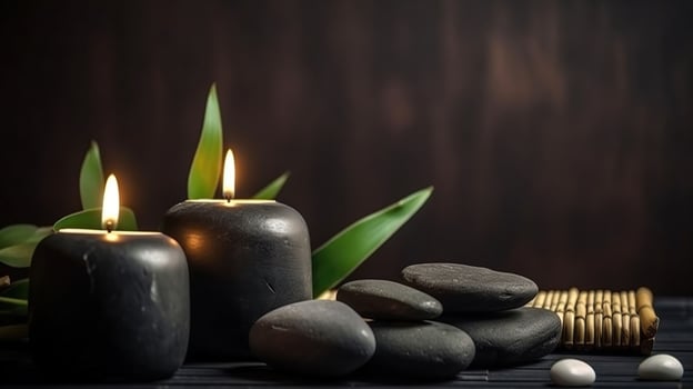 Spa still life with stacked of stone and bamboo leaf, generative ai photo