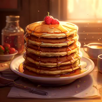 Stack of pancakes, in plate on the table. Stack of homemade honey pancakes with strawberry for breakfast. Thick pancakes with honey and strawberries. Healthy tasty snack concept. AI Generated photo