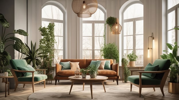 Interior of light living room with sofa, chairs and houseplants, generative ai photo