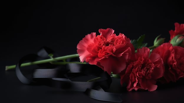 Black funeral ribbon with carnation flowers on dark background, AI Generative photo