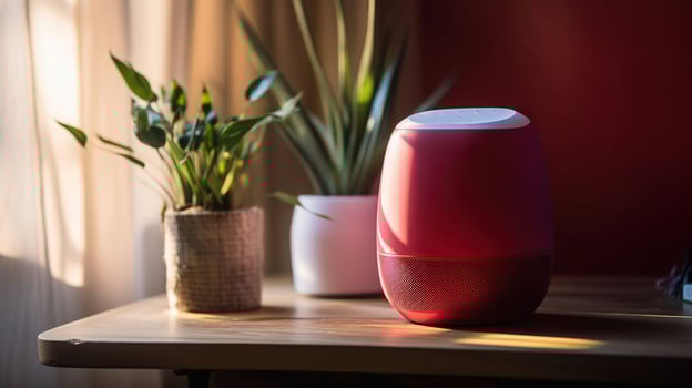 Wireless portable speaker and vase with plant branch on table in room. AI Generative photo
