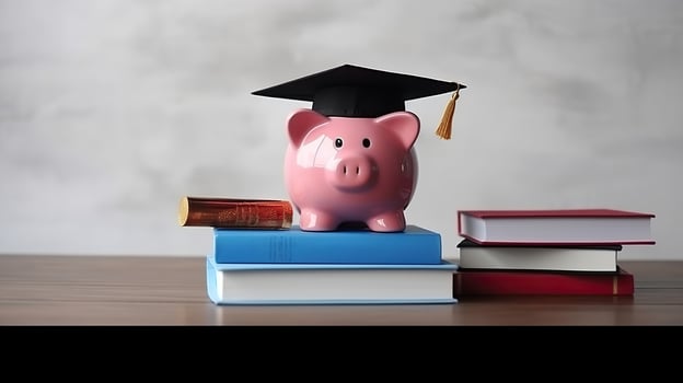 Piggy bank with graduation hat and books on table. AI Generative photo