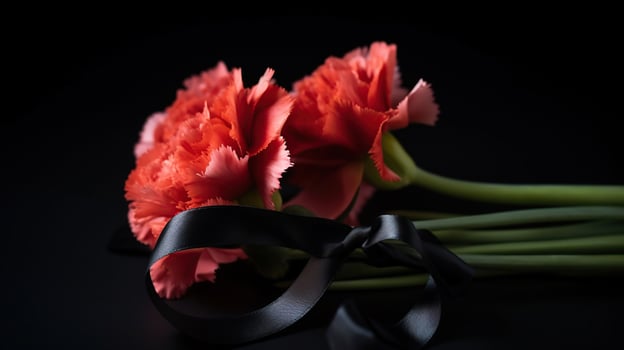 Black funeral ribbon with carnation flowers, AI Generative photo