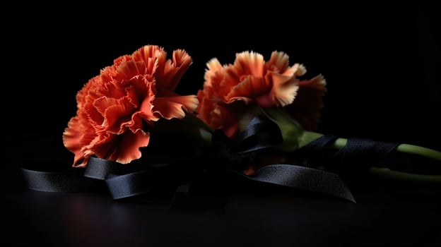 Black funeral ribbon with carnation flowers, AI Generative photo