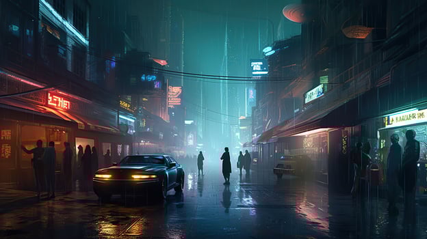Electric Dreams and Human Desires, The Haunting World of Blade Runner, Neon City Retro Modern Virtual Reality Sci Fi Futuristic. Generative AI photo