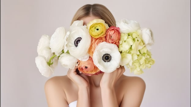 Conceptual portrait of young woman wearing minimalistic dress covering her head with lush ranunculus. Female hiding behind beautiful bouquet of bright flowers. Close up, Generative AI photo
