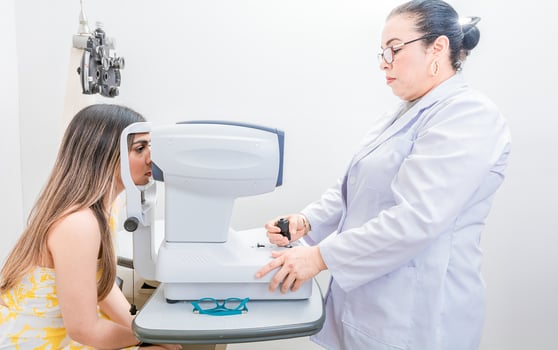 Optometrist checking the eyesight of a patient with an autorefractor. Oculist doing eye exam to female patient photo