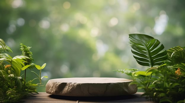 Black stone product podium for product display with green plants around the podium photo