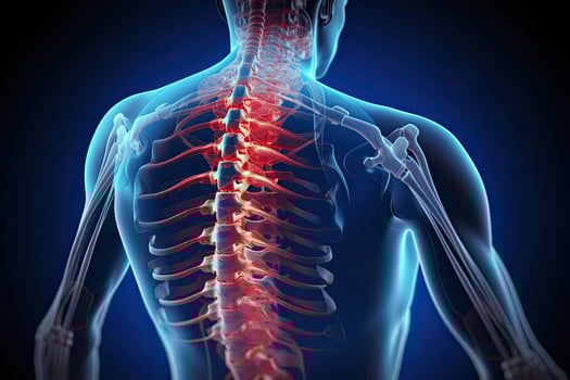 3d rendered illustration of a male skeleton anatomy - rib cage. 3D Illustration of sacral and cervical pain, 3D illustration of neck pain cervical spine skeleton, AI Generated photo
