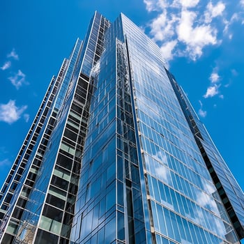Bottom view of modern skyscrapers in business district against blue sky Ai generative photo
