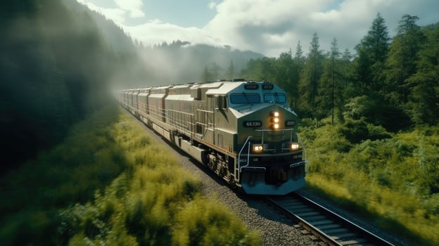 Suburban train travels through beautiful countryside. Generative AI photo