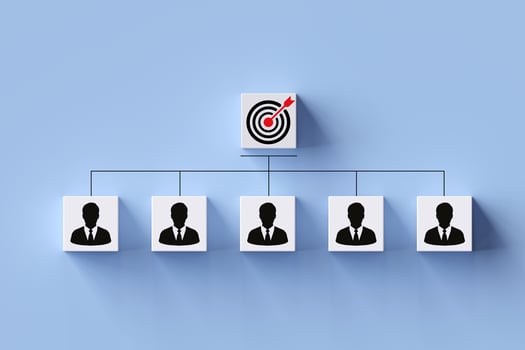 teamwork concept strategic planning of organizational management and selection of ideal to target success organization. square blocks with human icon and target board with copy. photo