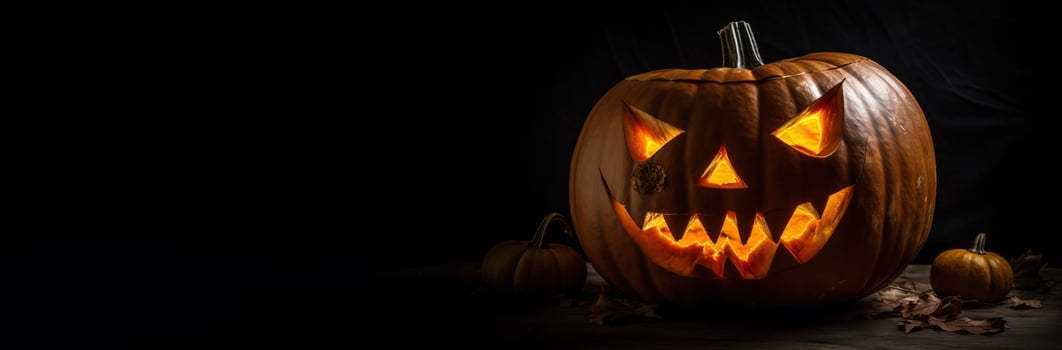 Halloween scary pumpkin with fire, dark background. AI generated. photo