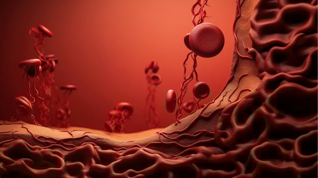 3D illustration mockup of the human organ systems, circulatory, digestive, red and white bloodcells wtih blurred backgroun. Medical education concept, Generative AI illustration photo