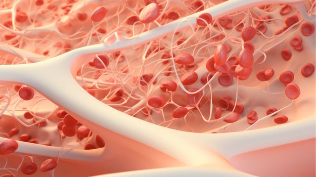 3D illustration mockup of the human organ systems, circulatory, digestive, red and white bloodcells wtih blurred backgroun. Medical education concept, Generative AI illustration photo