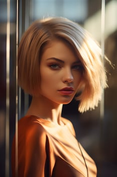 Portrait of beautiful young woman with long hair modeling.  AI Generated photo