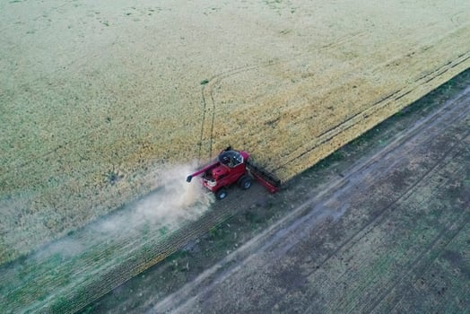 Harvester in Pampas Countryside, aerial view, La Pampa province, Argentina. photo